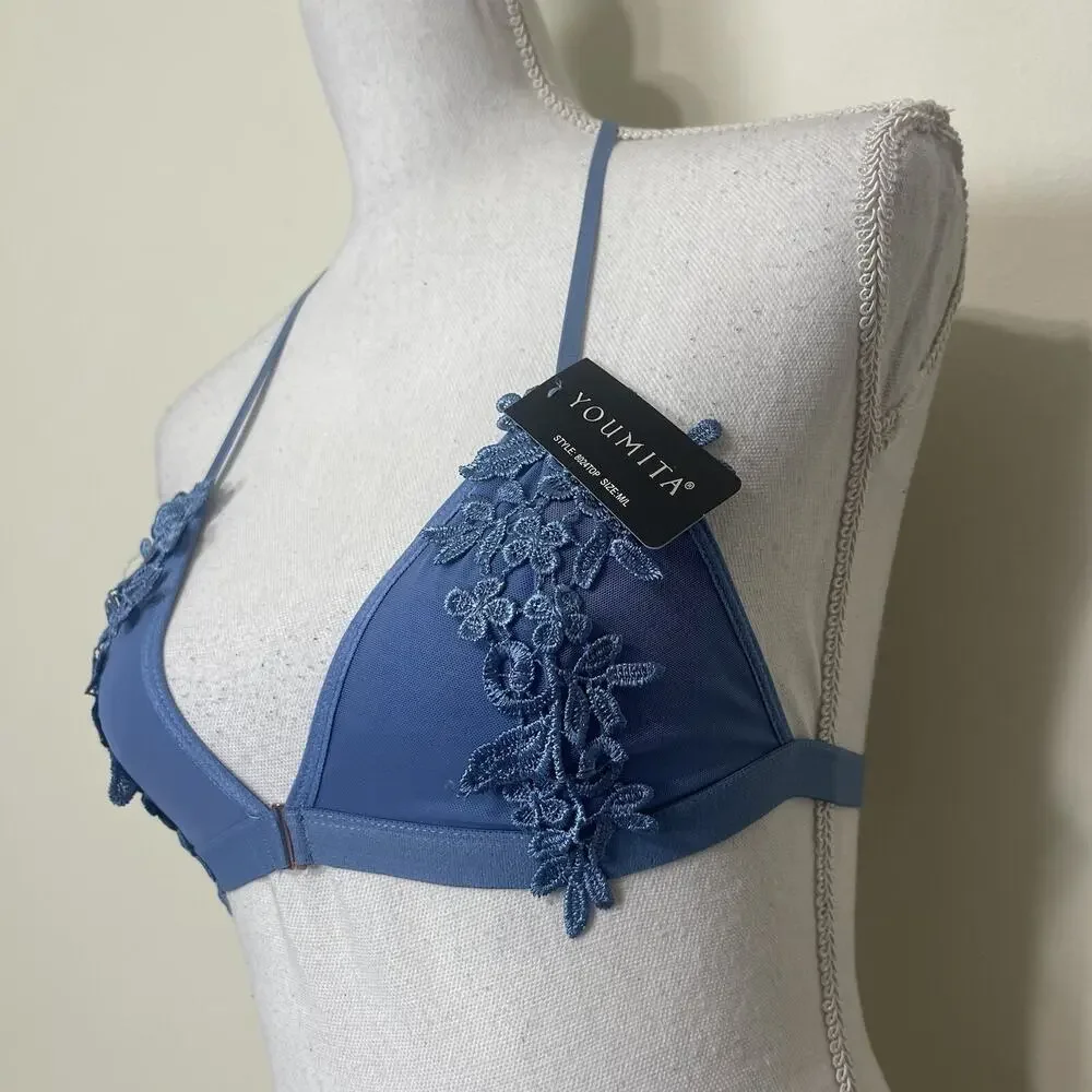 Women Lace Bralette Sexy Bra‎ Floral Lingerie Night Embroidered Flower Blue M/L